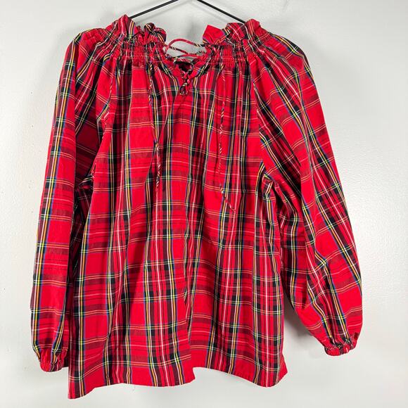 J. Crew Red Smocked Neck Top Good Tidings Plaid Ruffled Relaxed Womens Size M - Picture 8 of 9